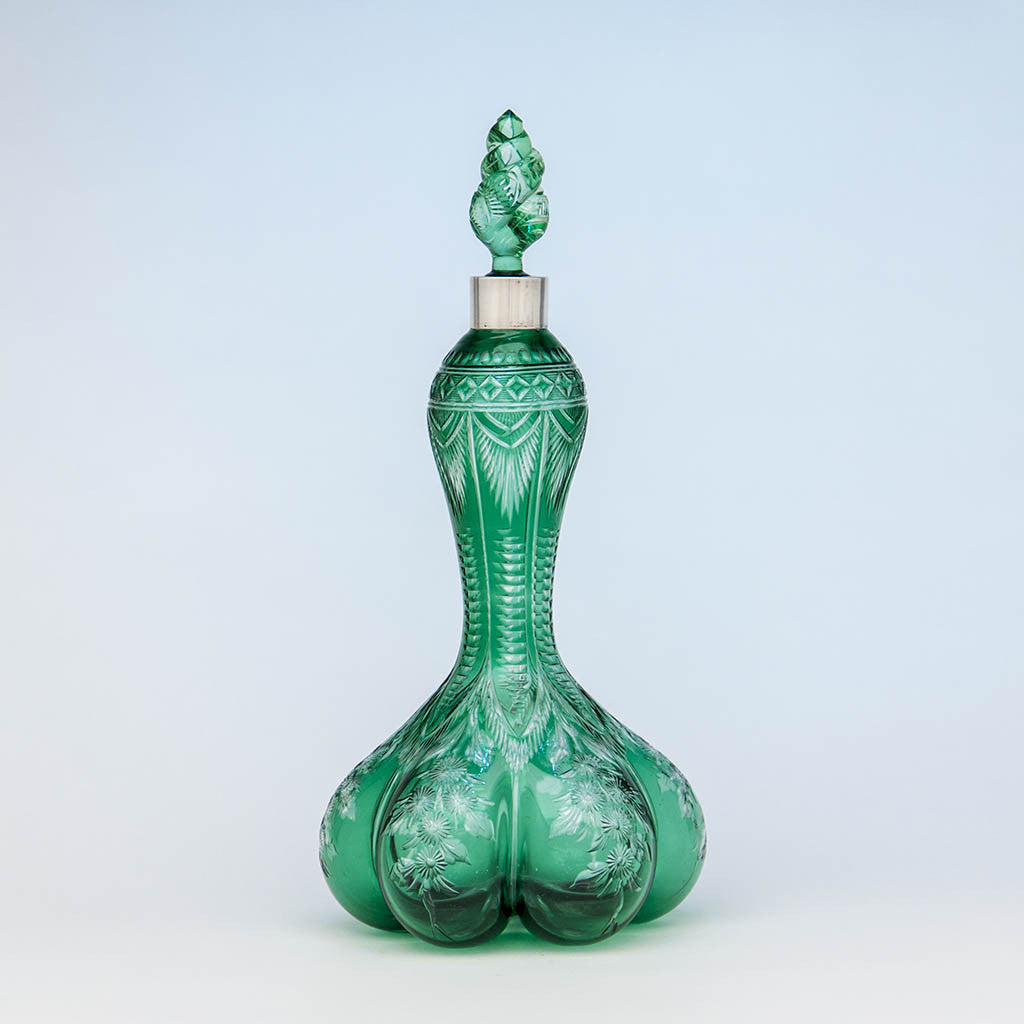 Johnson, Durban &amp; Co Sterling Collar, Birmingham, 1897/98, with Williams &amp; Stevens (attr.) Green Cut to Clear Glass Decanter