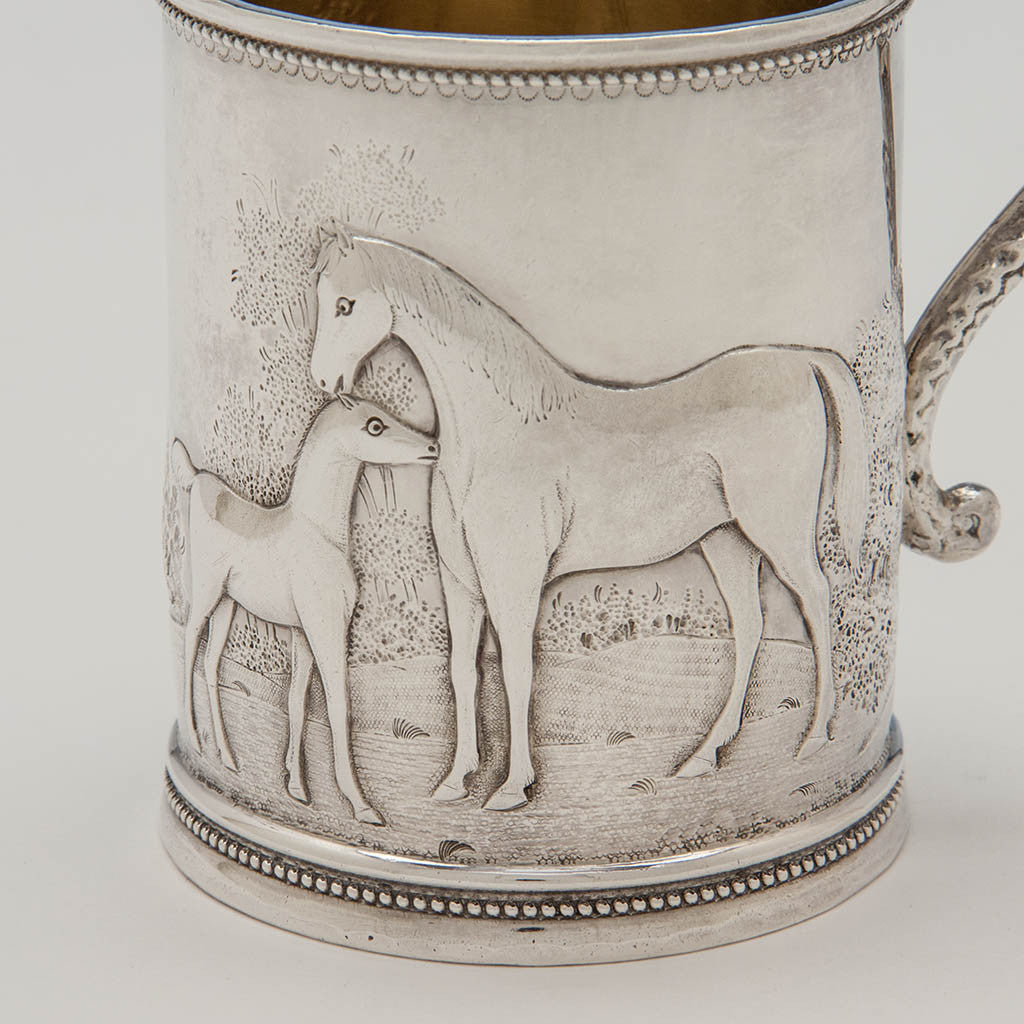 Detail of horses on Wood &amp; Hughes Antique Coin Silver Figural Child&#39;s Mug, NYC, c. 1845-50
