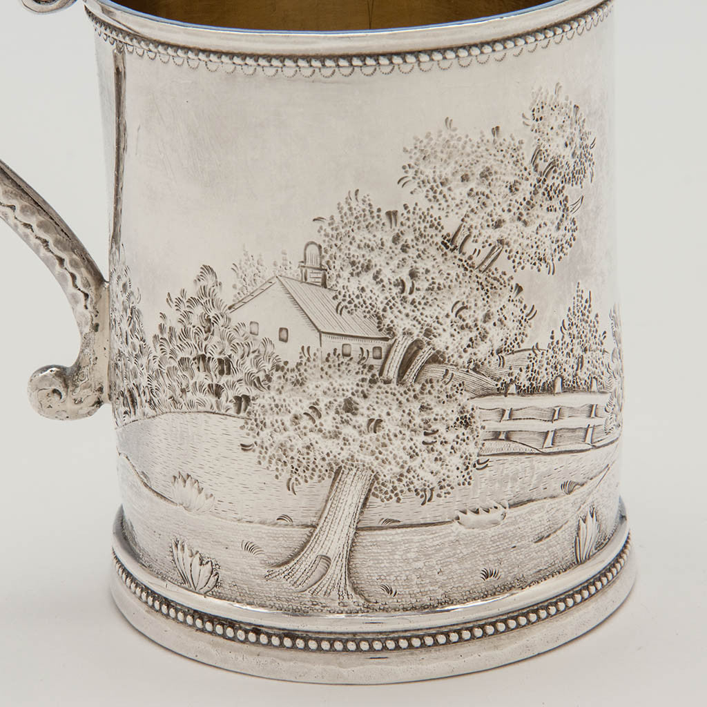 House scene on Wood &amp; Hughes Antique Coin Silver Figural Child&#39;s Mug, NYC, c. 1845-50