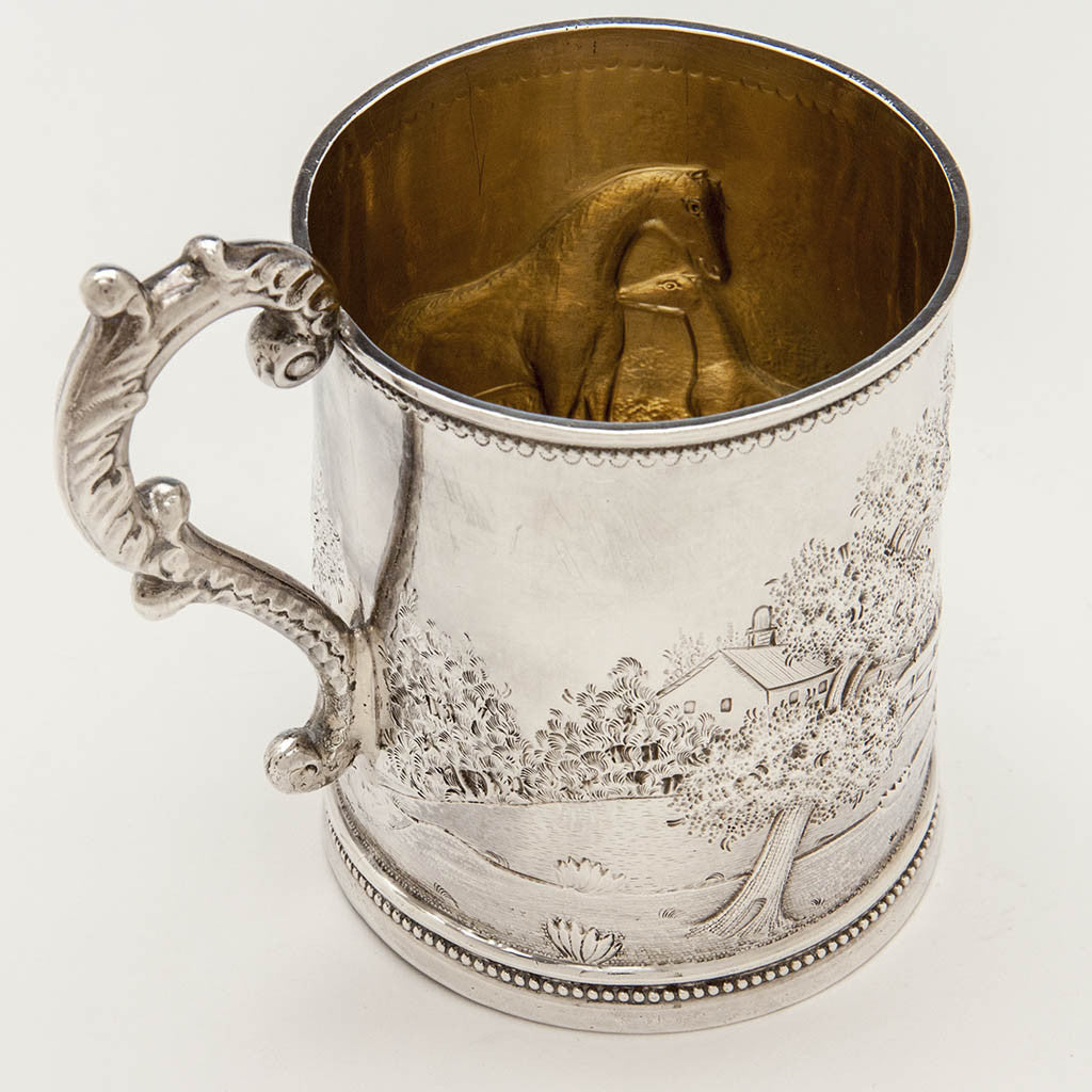 Interior of Wood &amp; Hughes Antique Coin Silver Figural Child&#39;s Mug, NYC, c. 1845-50