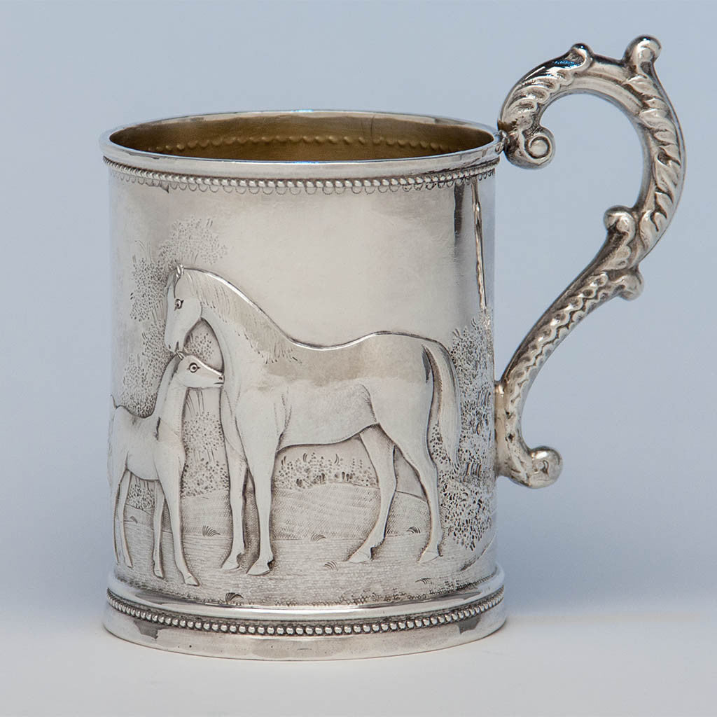 Wood &amp; Hughes Antique Coin Silver Figural Child&#39;s Mug, NYC, c. 1845-50