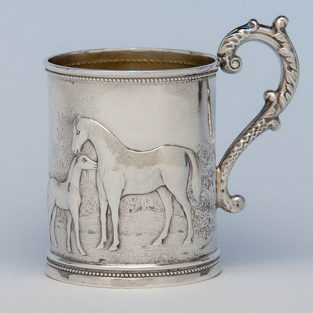 Wood & Hughes Antique Coin Silver Figural Child's Mug, NYC, c. 1845-50