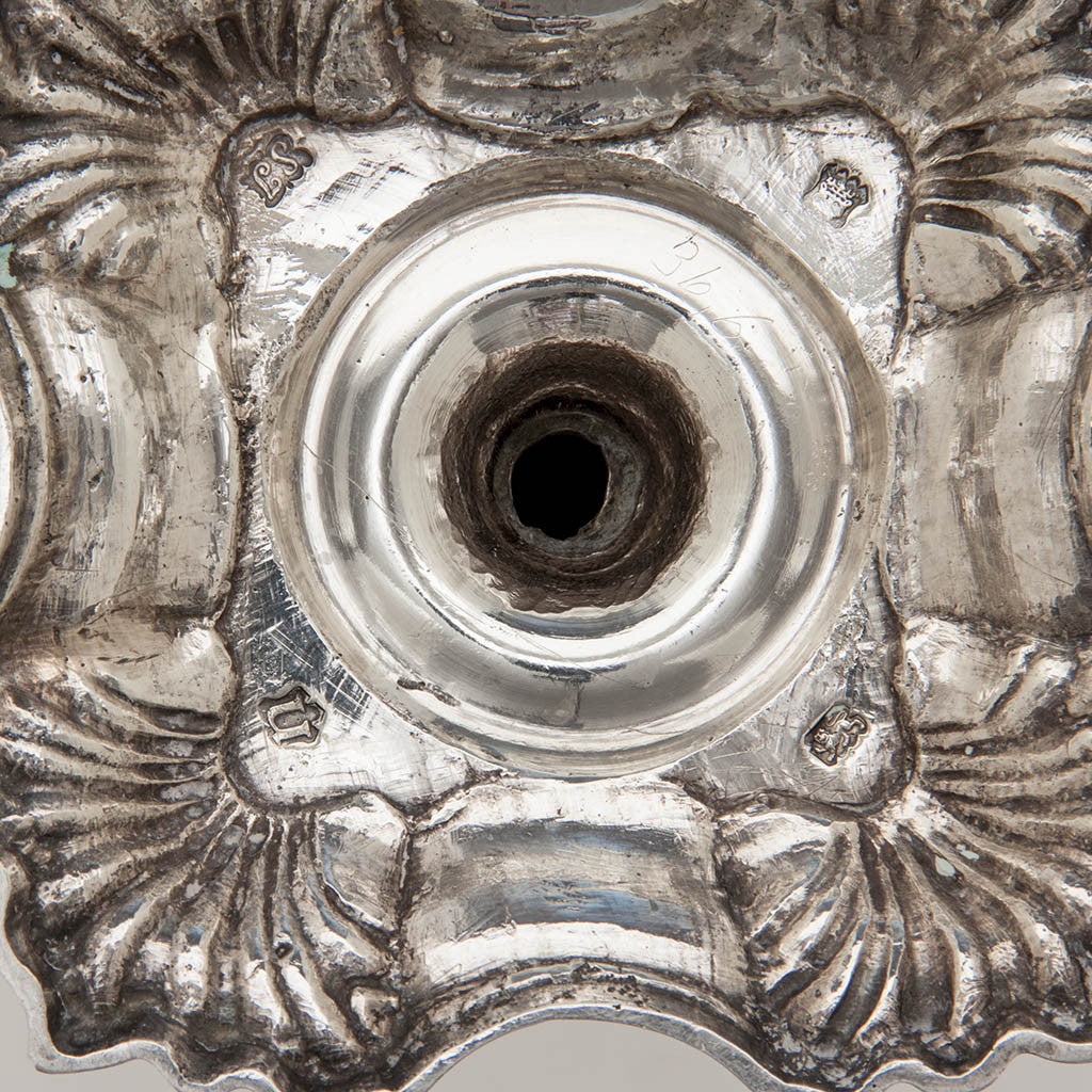Marks on Simon Jouet Pair of George II Antique Sterling Silver Candlesticks, London, 1748/49