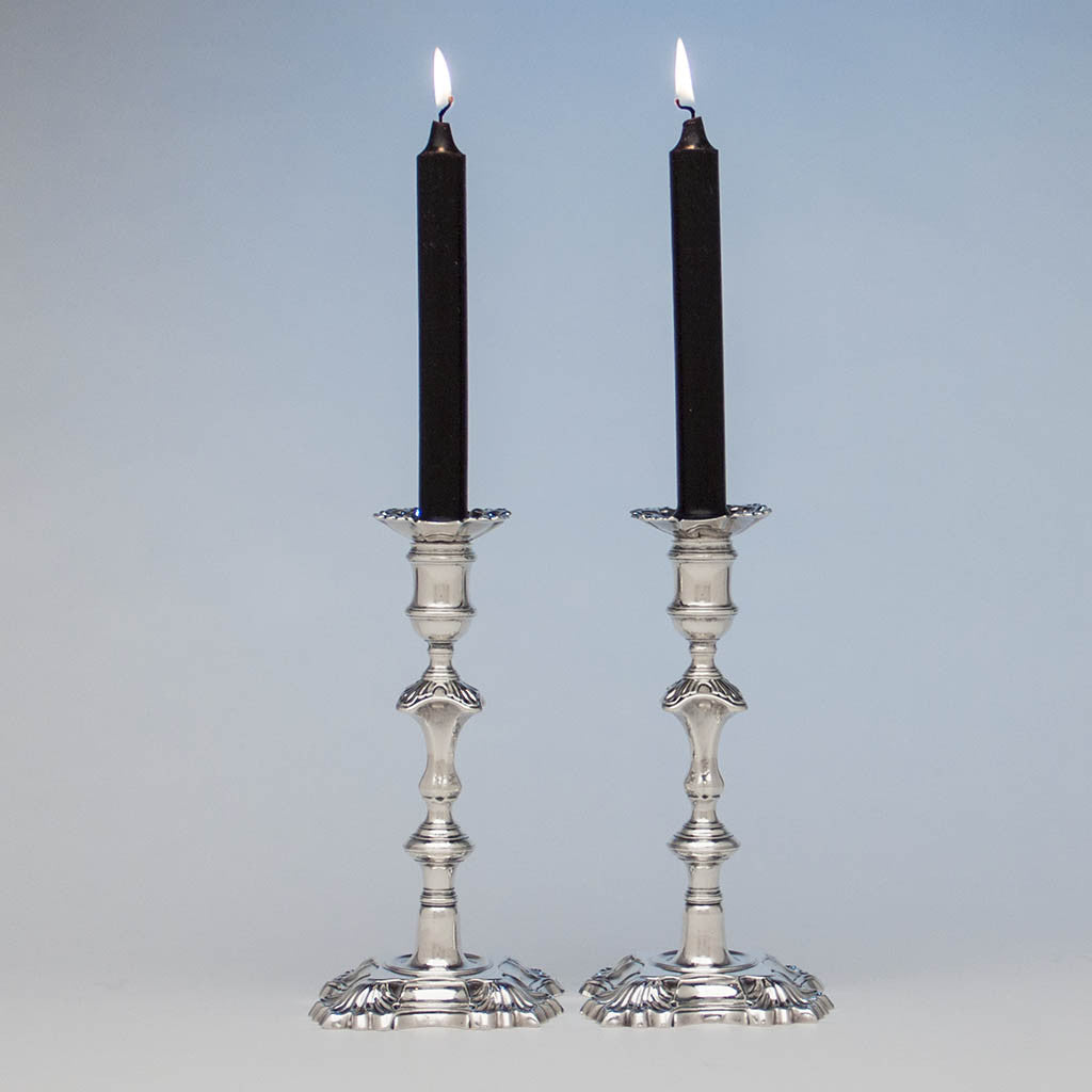 Simon Jouet Pair of George II Antique Sterling Silver Candlesticks, London, 1748/49
