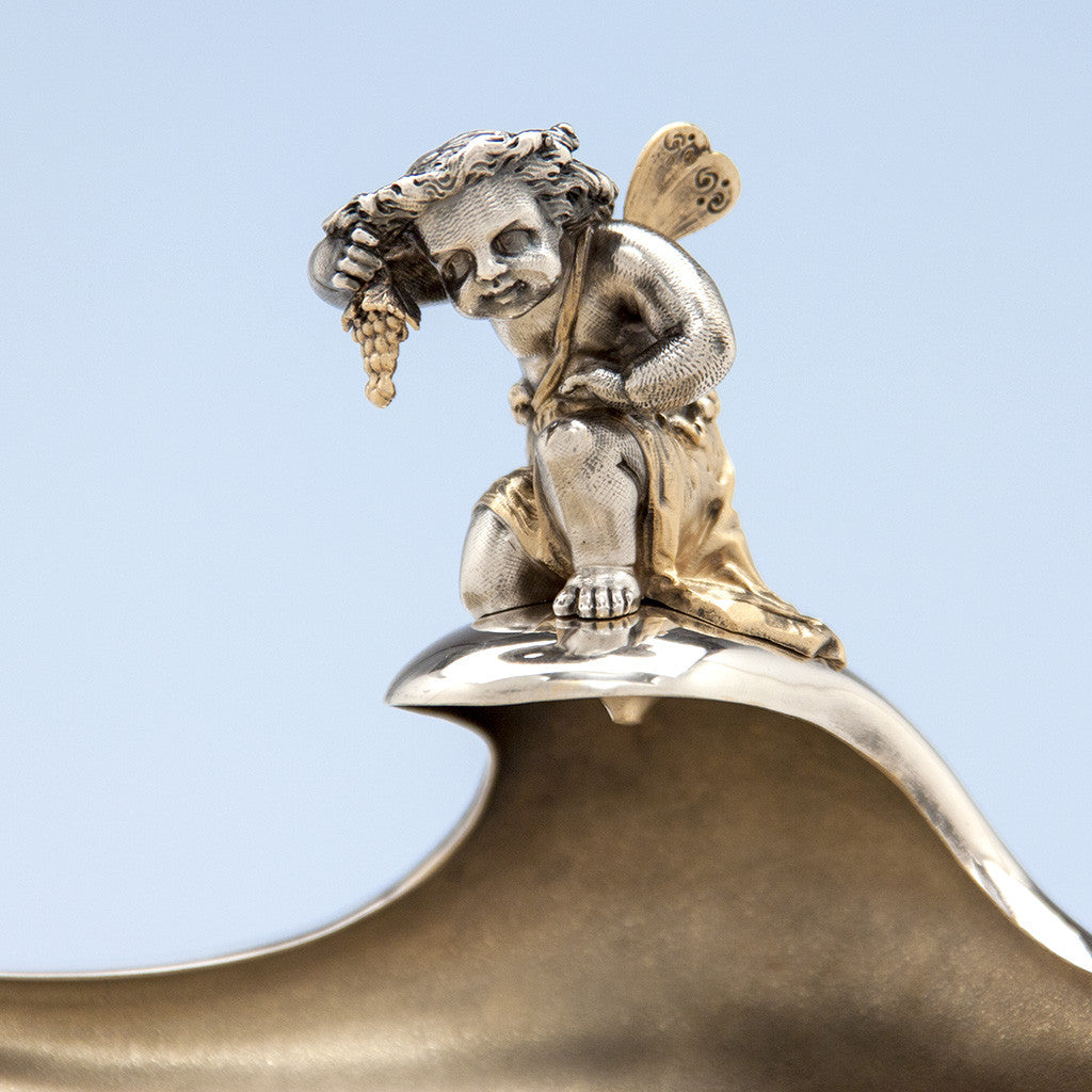 Cherub detail on Gorham Antique Sterling Silver Figural Berry Dish, Providence, RI, 1872