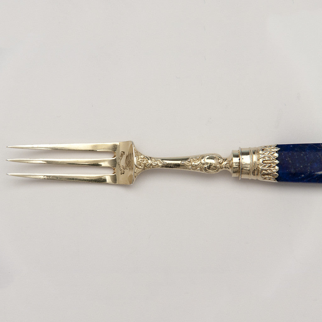 Tines to Francis Higgins: Judaica: English Antique Sterling Silver Gilt and Lapis Lazuli Dessert, Fish or Fruit Service, London, 1873/74 bearing the crest of Sassoon