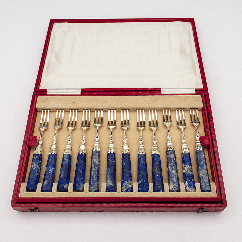 Forks to Francis Higgins: Judaica: English Antique Sterling Silver Gilt and Lapis Lazuli Dessert, Fish or Fruit Service, London, 1873/74 bearing the crest of Sassoon