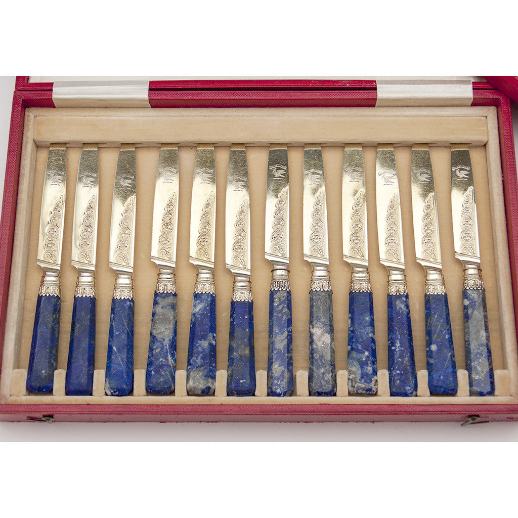 Knives to Francis Higgins: Judaica: English Antique Sterling Silver Gilt and Lapis Lazuli Dessert, Fish or Fruit Service, London, 1873/74 bearing the crest of Sassoon
