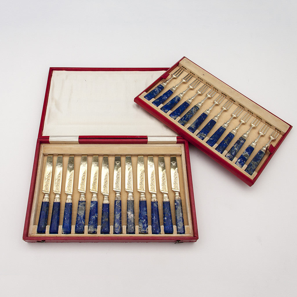 Francis Higgins: Judaica: English Antique Sterling Silver Gilt and Lapis Lazuli Dessert, Fish or Fruit Service, London, 1873/74 bearing the crest of Sassoon