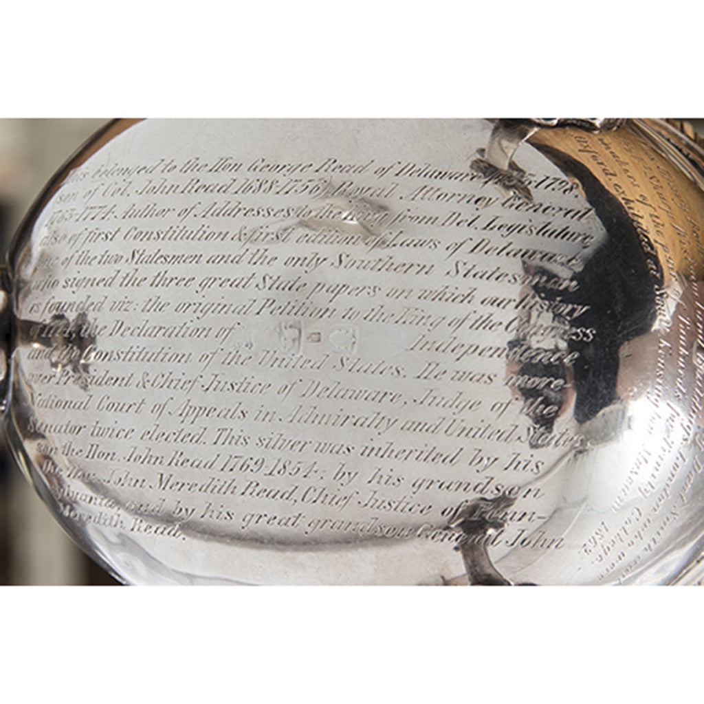 Inscription on Daniel Smith &amp; Robert Sharp George III Antique Sterling Silver Sauce Boats of American Historical Interest, London, 1763/64, owned by Founding Father George Read of Delaware