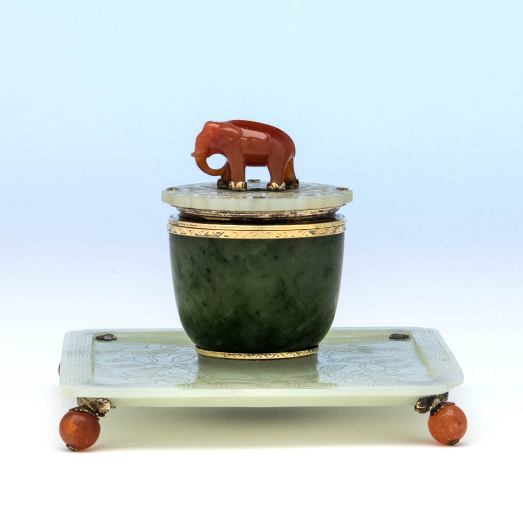 Edward Farmer Sterling, Jade and Carnelian Inkwell, NYC, c. 1920's