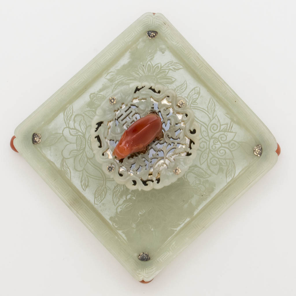 Top view of Edward Farmer Sterling, Jade and Carnelian Inkwell, NYC, c. 1920&#39;s