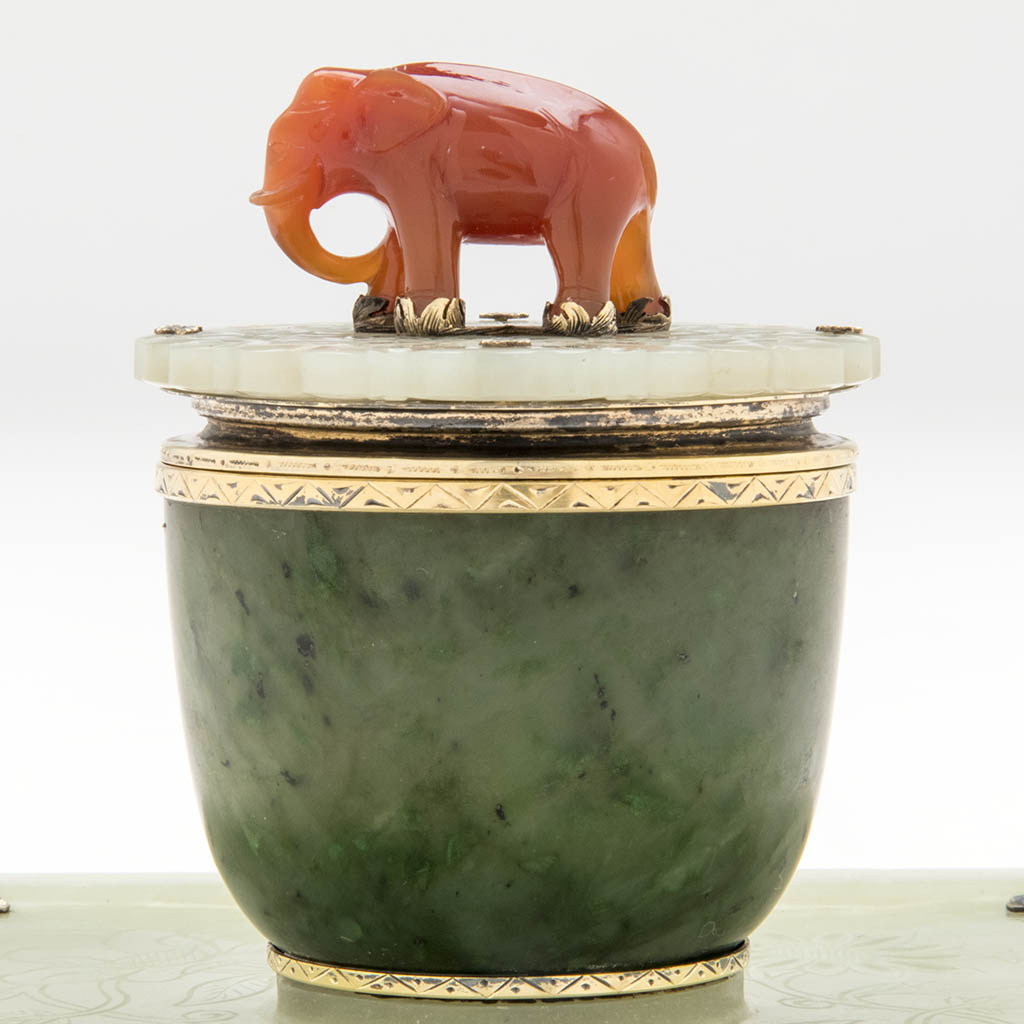 Elephant on Edward Farmer Sterling, Jade and Carnelian Inkwell, NYC, c. 1920&#39;s