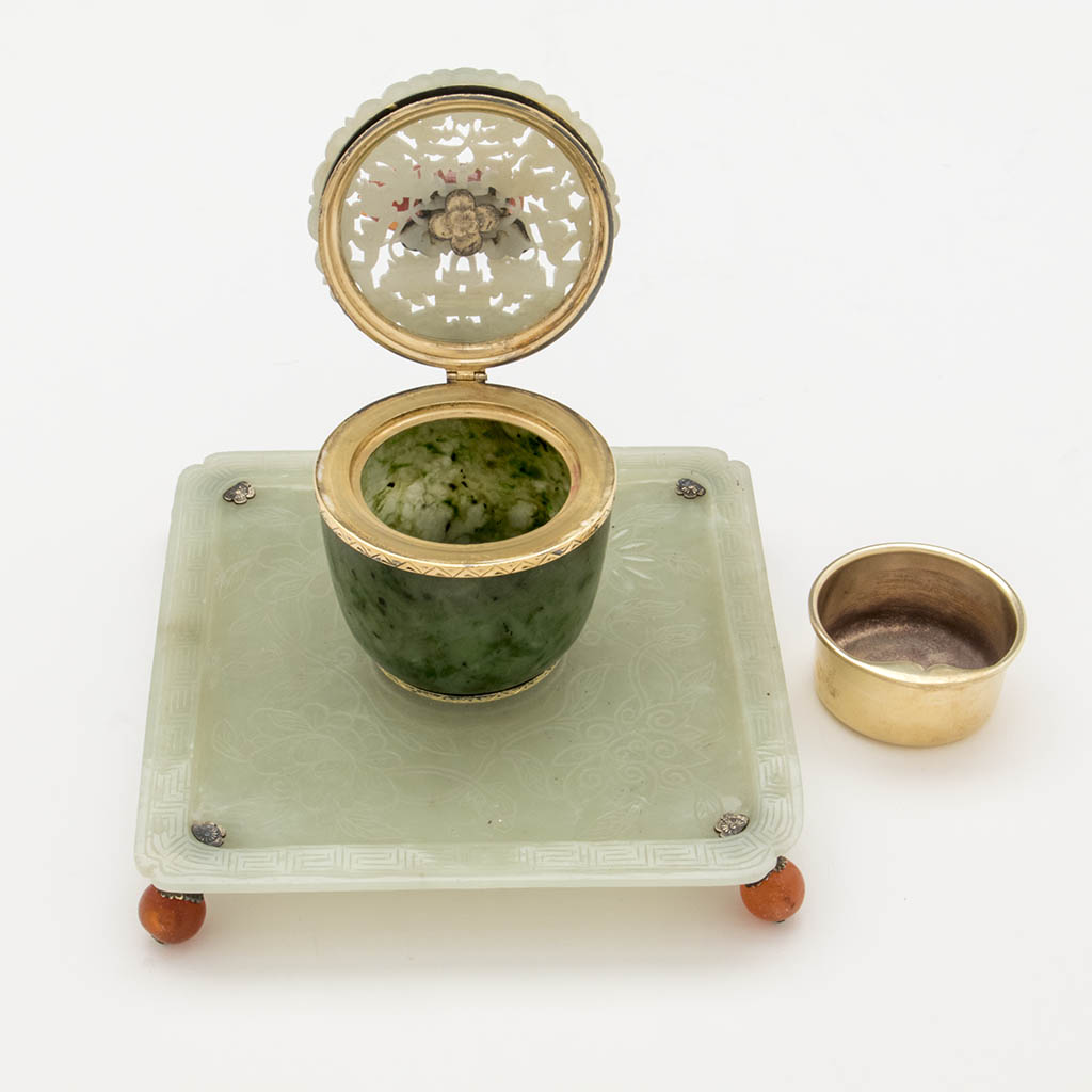 Parts to Edward Farmer Sterling, Jade and Carnelian Inkwell, NYC, c. 1920&#39;s