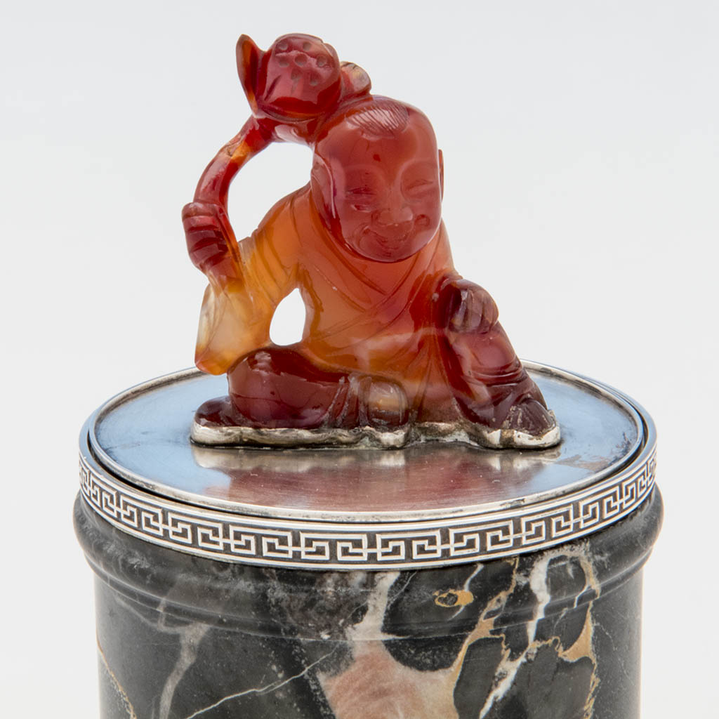 Amber figure on Eleder-Hickok Co Sterling Mounted Japanese Container, Newark, NJ, c. 1920&#39;s