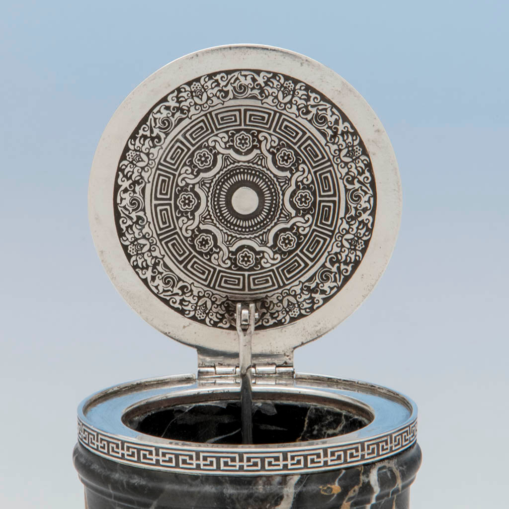 Cover decoration on Eleder-Hickok Co Sterling Mounted Japanese Container, Newark, NJ, c. 1920&#39;s