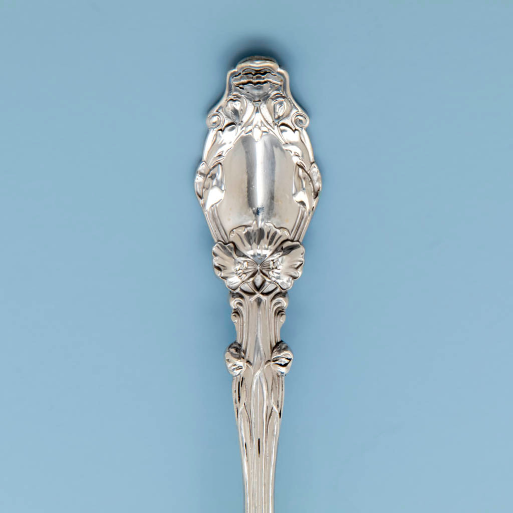 Pattern detail of the Gorham Virginia Antique Sterling Silver Ice Serving Spoon, Providence, RI, c. 1905