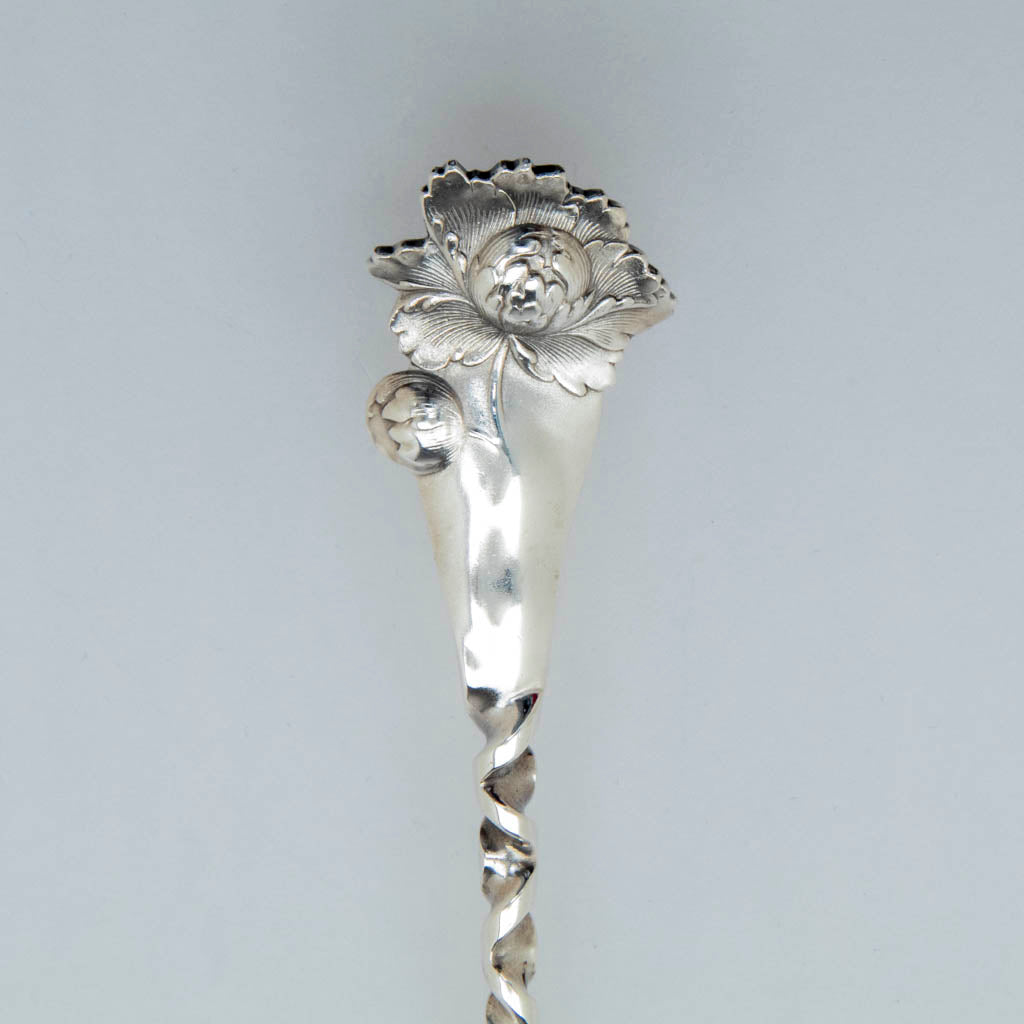 Pattren detail on the Whiting Sterling &#39;Peony Twist&#39; Pattern Fish Serving Set, NYC, c. 1885