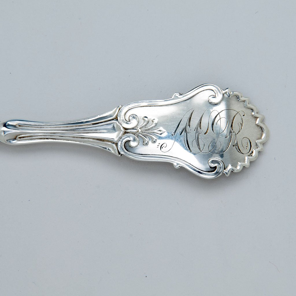 Monogram on John Polhamus &#39;Corinthian&#39; Pattern Antique Sterling Silver Fish Server, NYC, NY, c. 1868