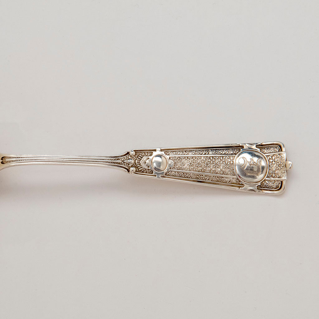 Handle to John Wendt &#39;Ribbon&#39; Pattern Antique Sterling Silver Berry Scoop, NYC, c. 1875