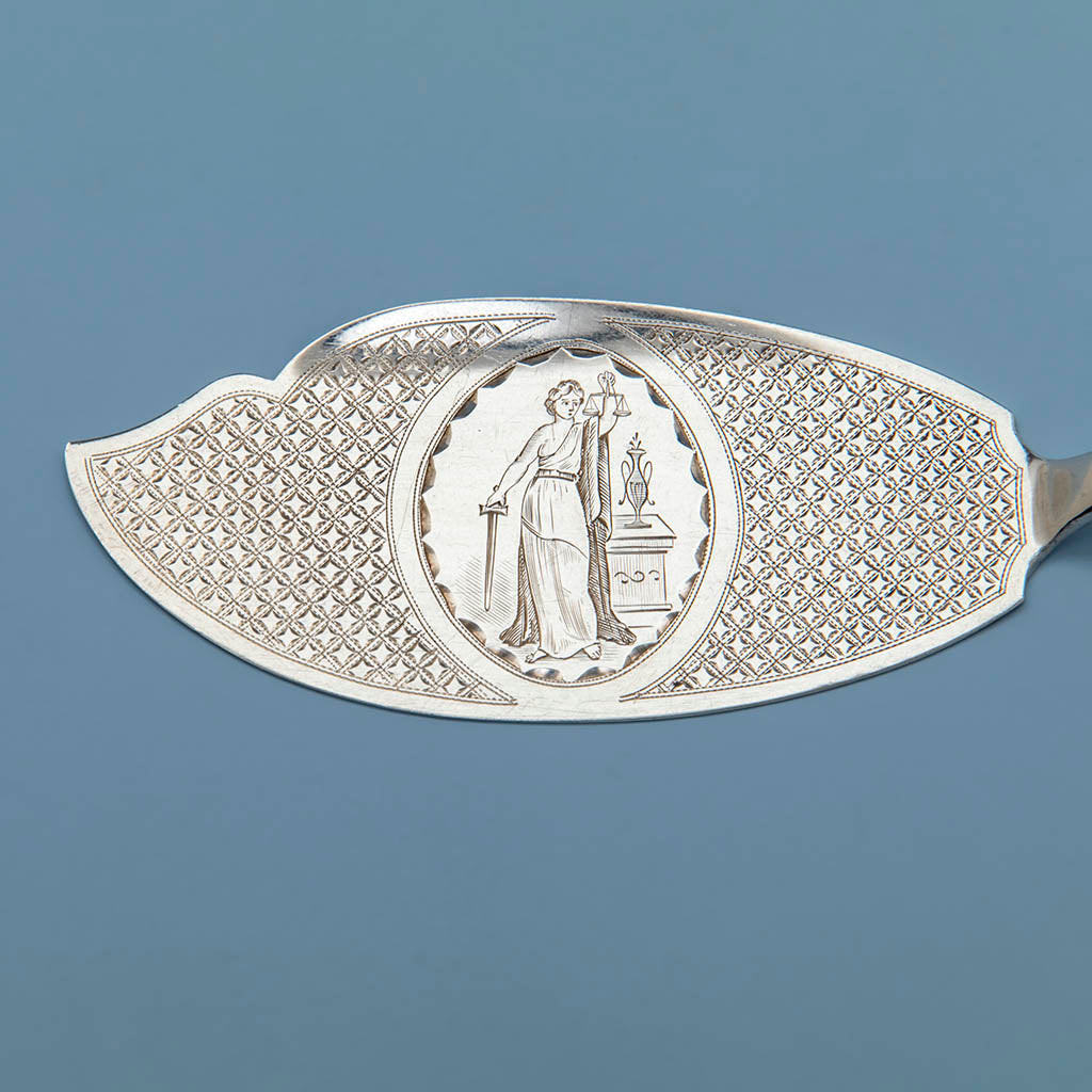 Lady Justice on S. Kirk &amp; Son Antique Coin Silver &quot;Mayflower&quot; Ice Cream or Fish Server, Baltimore, MD, 1846-61