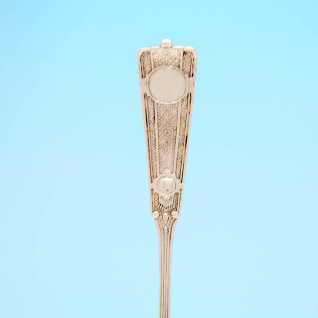 Pattern detail oc John Wendt &#39;Ribbon&#39; Pattern Antique Sterling Silver Berry Spoon, NYC,  1876