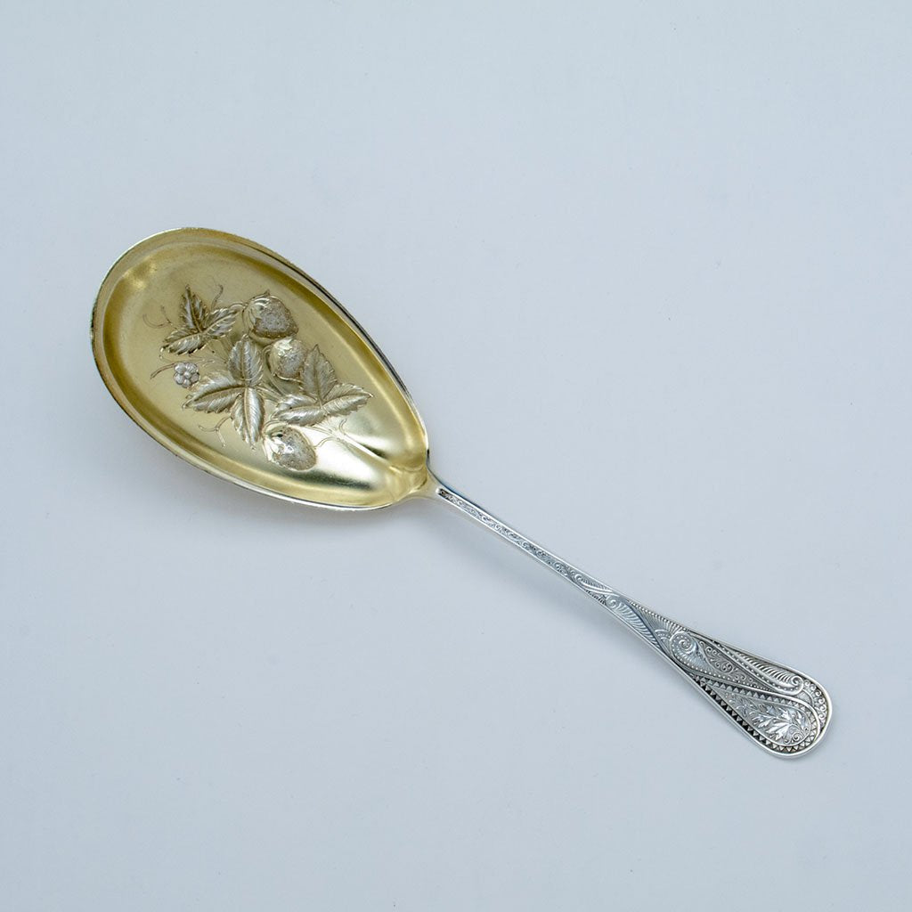 Wood & Hughes Cashmere Pattern Sterling Berry Spoon, NYC, c 1880