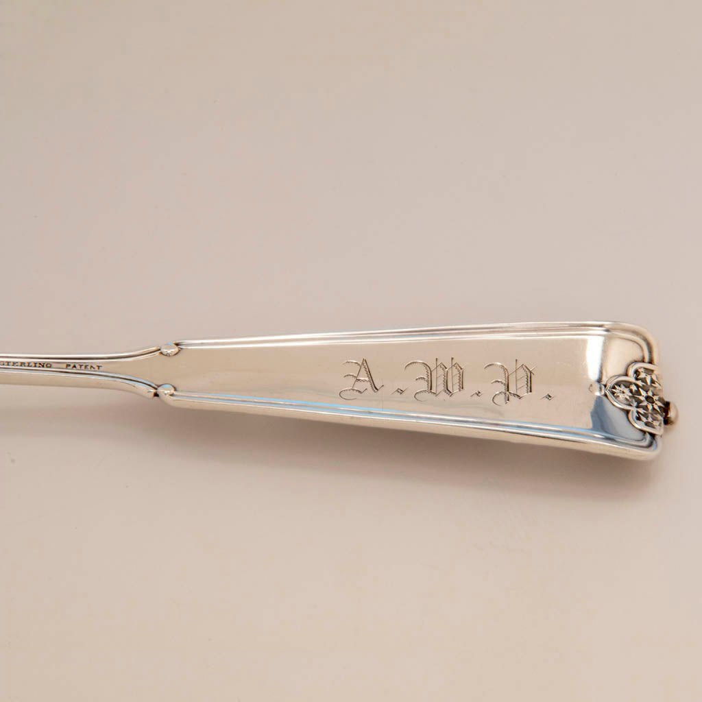 Monogram on John Wendt &#39;Ribbon&#39; Pattern Antique Sterling Silver Ice Spoon, NYC,  c. 1875