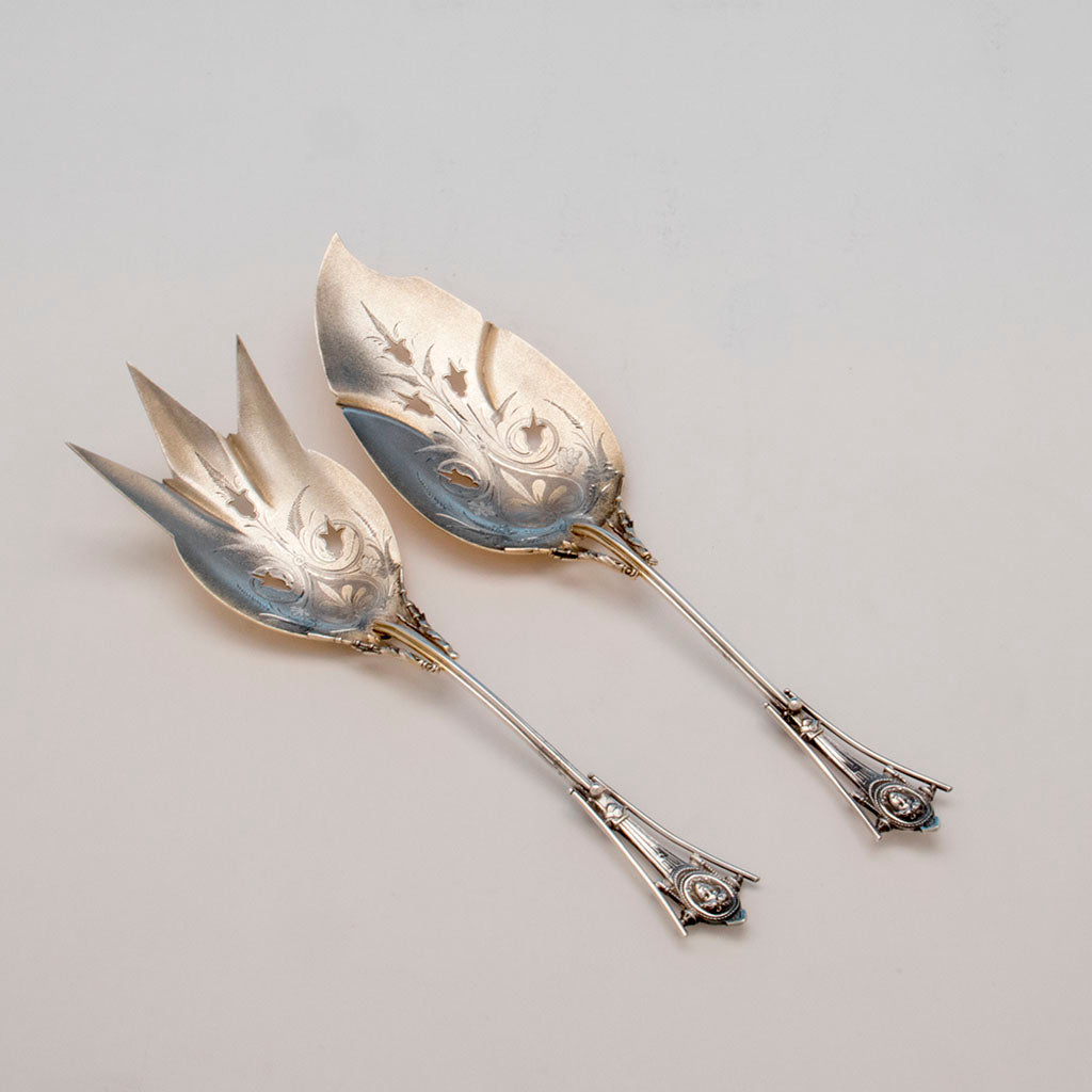 Wood and Hughes 'Medallion' Pattern Antique Sterling Fish Serving Set, NYC, c. 1870