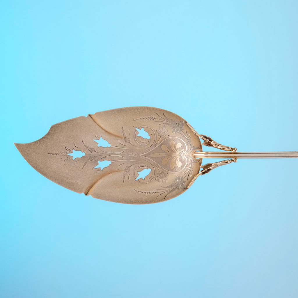 Blade detail of Wood and Hughes &#39;Medallion&#39; Pattern Antique Sterling Fish Serving Set, NYC, c. 1870