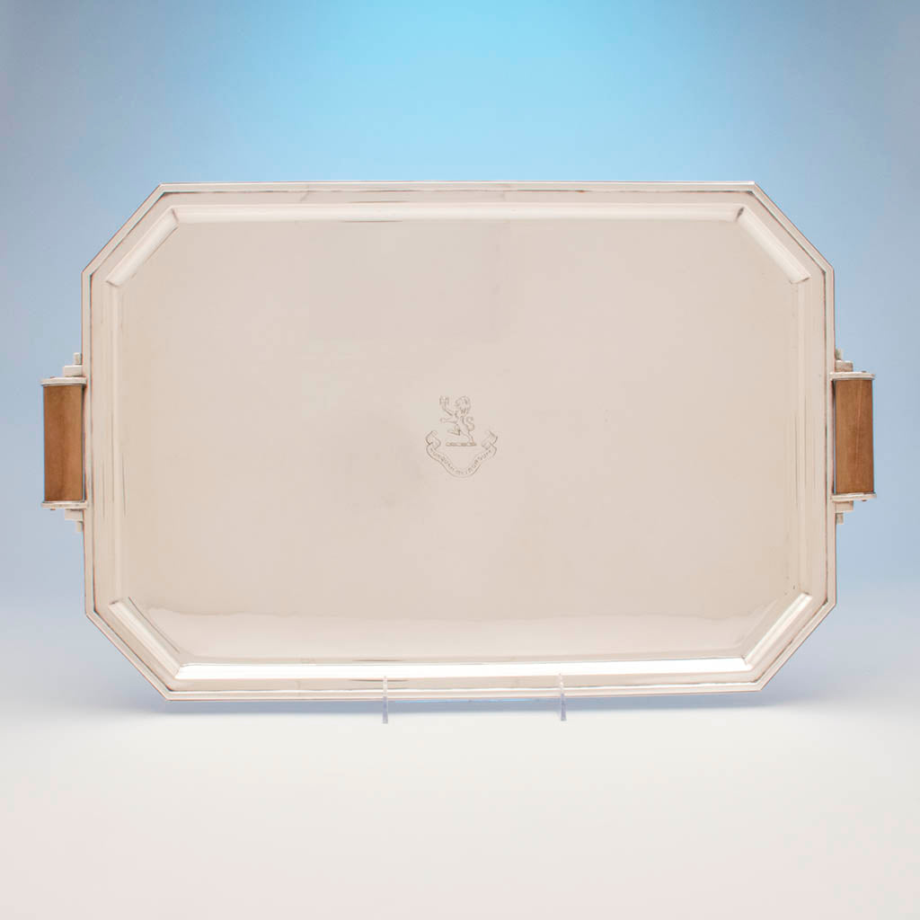 Charles Boyton and Son English Art Deco Sterling Silver Coffee Service on Tray, London, 1932/33, the tray 1933/34