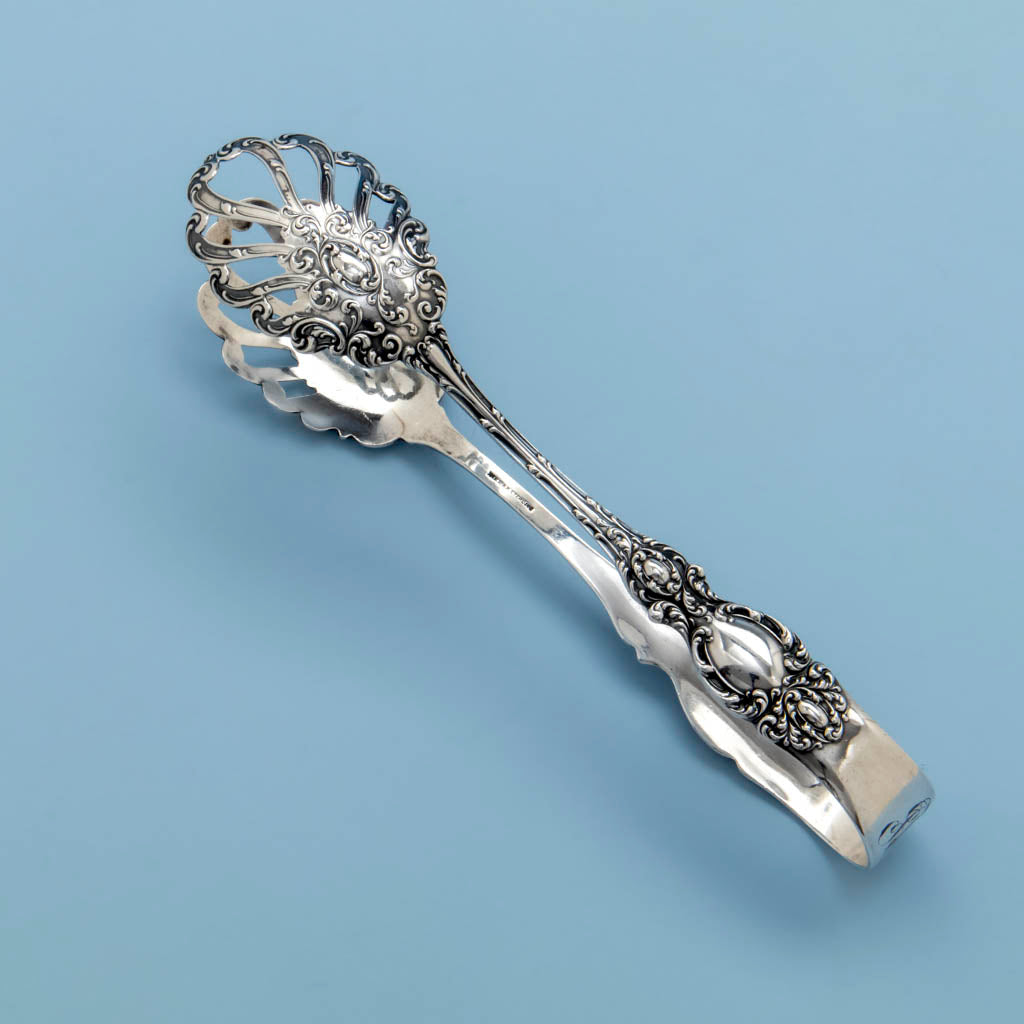 R Wallace & Sons Lucerne Antique Sterling Silver Ice Tongs, Wallingford, CT, c 1900