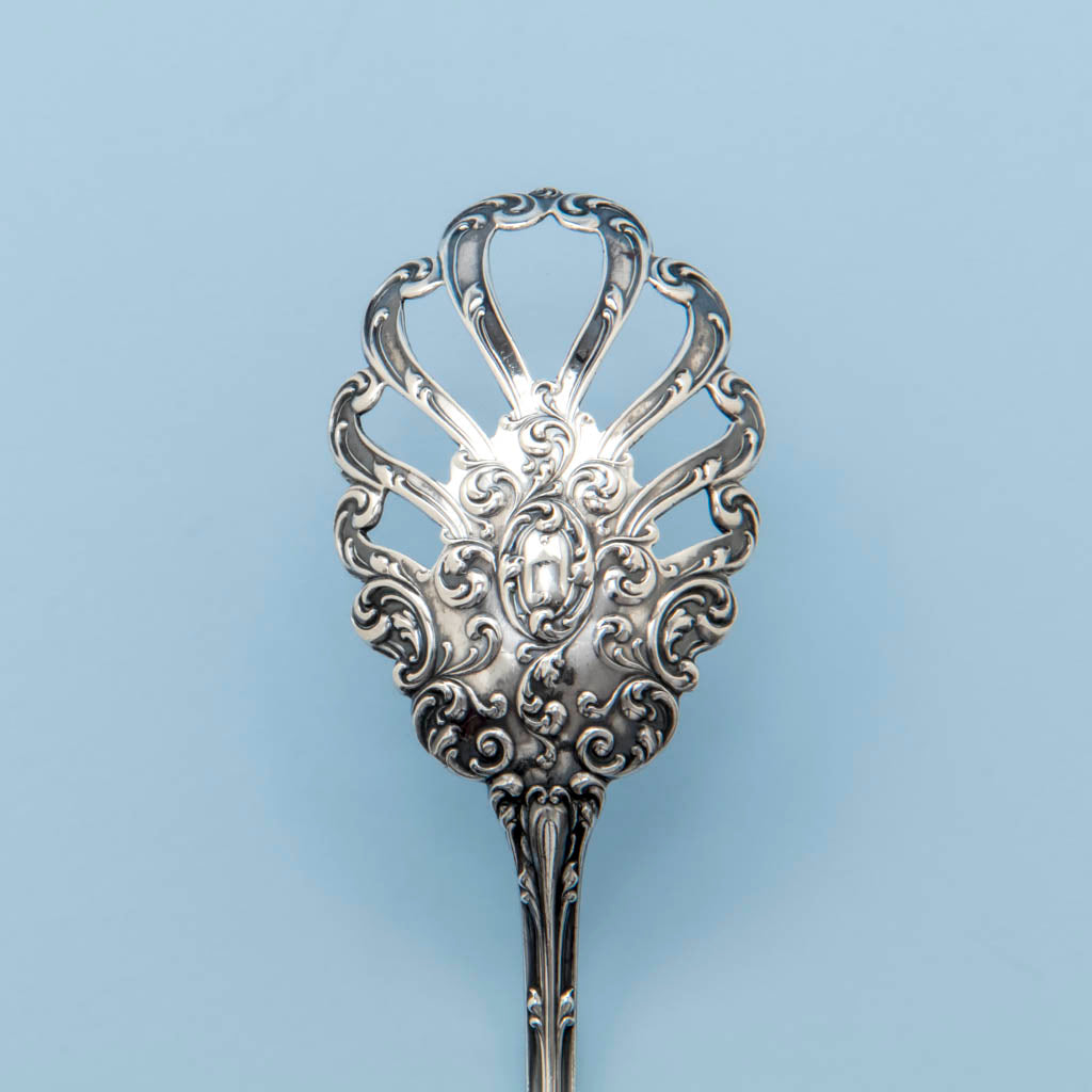 Tong detail of the R Wallace &amp; Sons Lucerne Antique Sterling Silver Ice Tongs, Wallingford, CT, c 1900