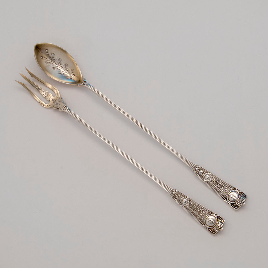 John Wendt 'Ribbon' Pattern Antique Sterling Silver Olive Serving Set, NYC,  c. 1875
