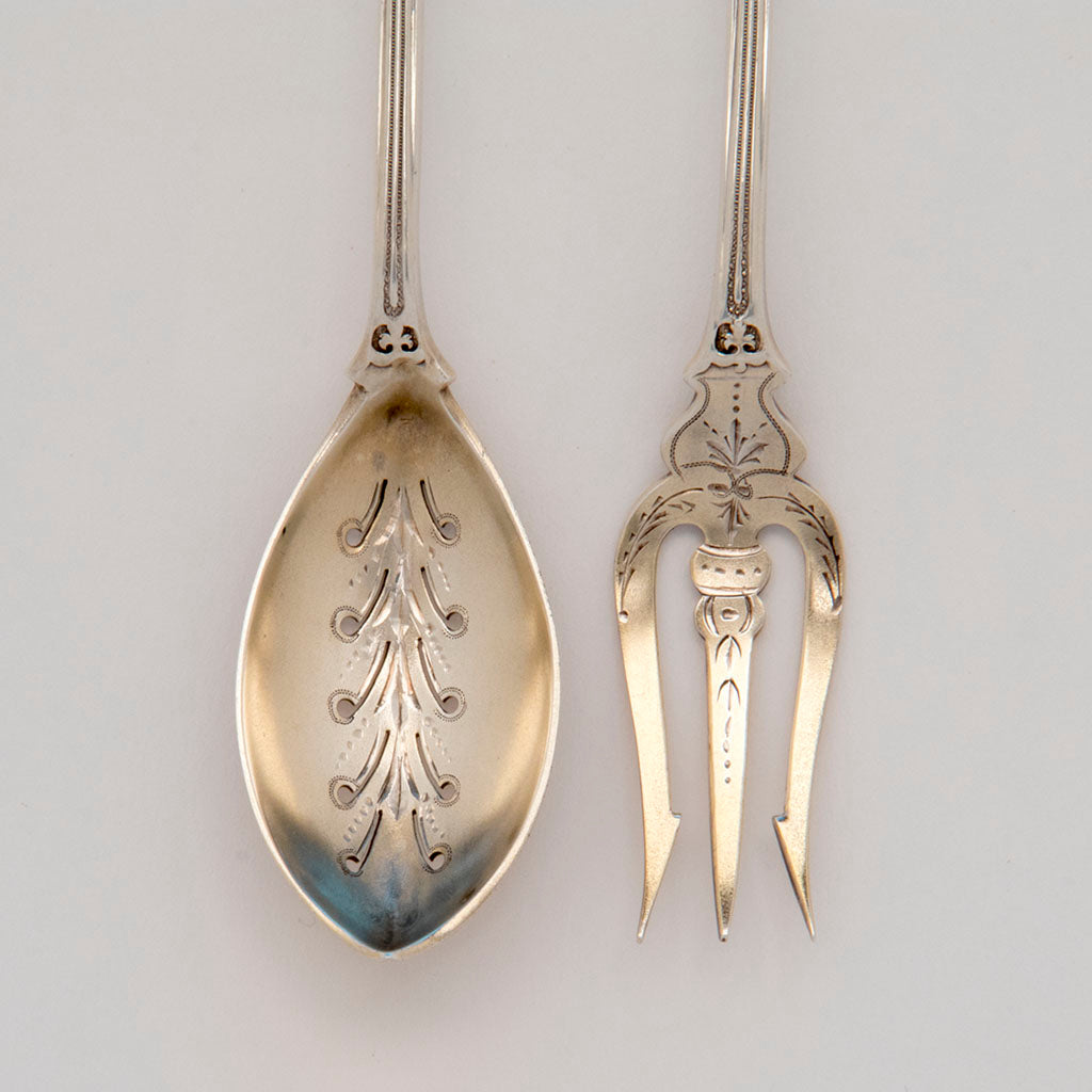 Details of John Wendt &#39;Ribbon&#39; Pattern Antique Sterling Silver Olive Serving Set, NYC,  c. 1875