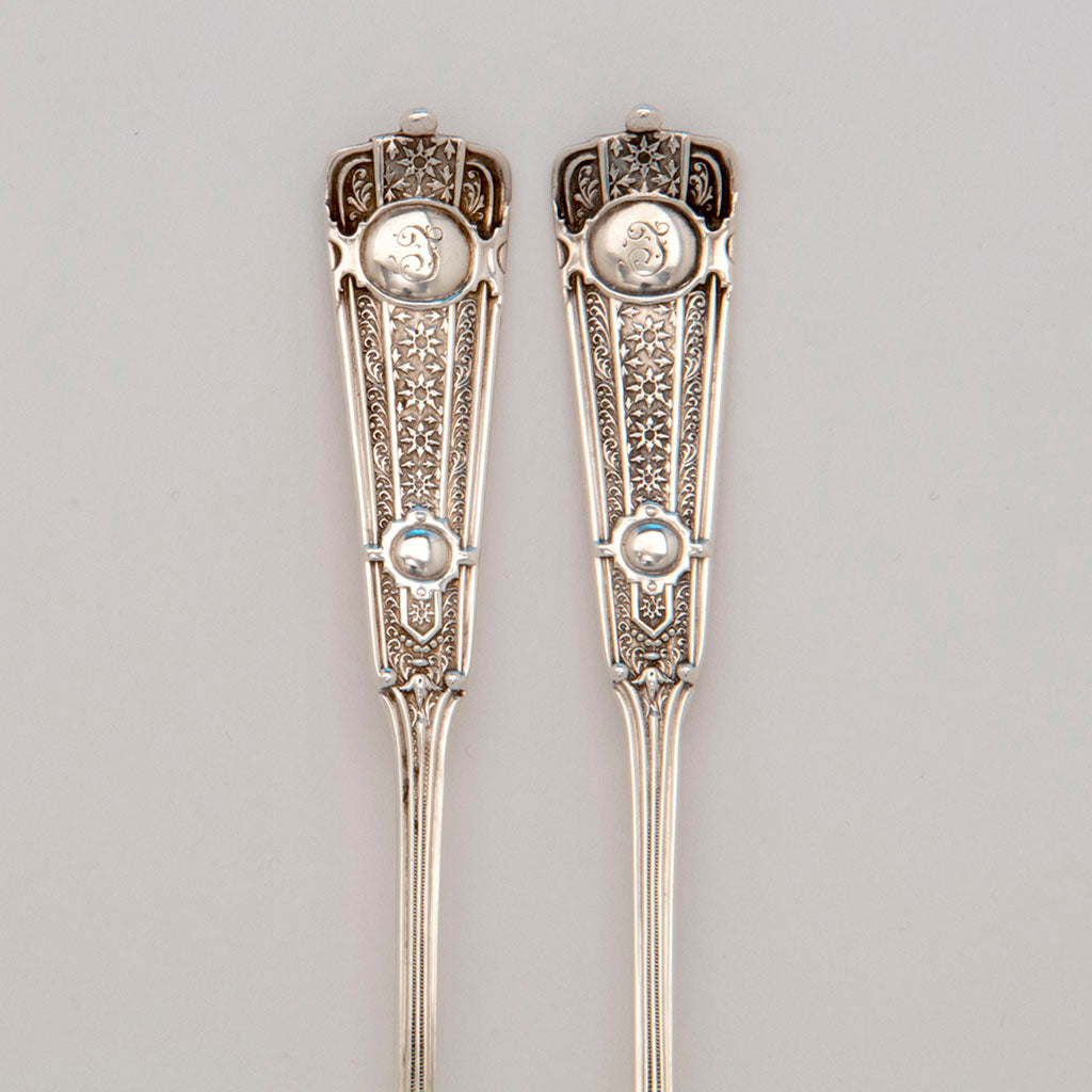 Handles to John Wendt &#39;Ribbon&#39; Pattern Antique Sterling Silver Olive Serving Set, NYC,  c. 1875