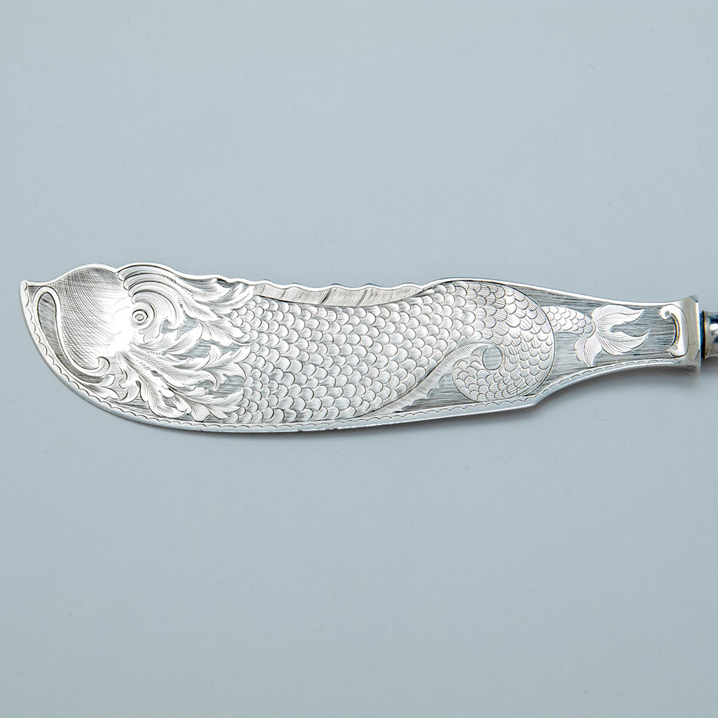 Dolphin detail of William Gale &amp; Son Antique Coin Silver Fish Serving Set, NYC, 1853