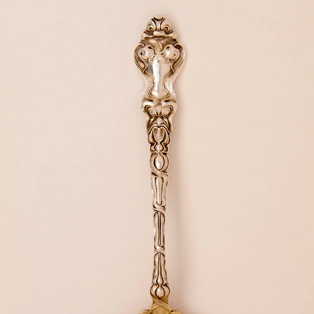 Pattern detail of Unger Bros &#39;Duvaine&#39; Pattern Antique Sterling Silver Serving Spoon, Newark, NJ, c. 1900