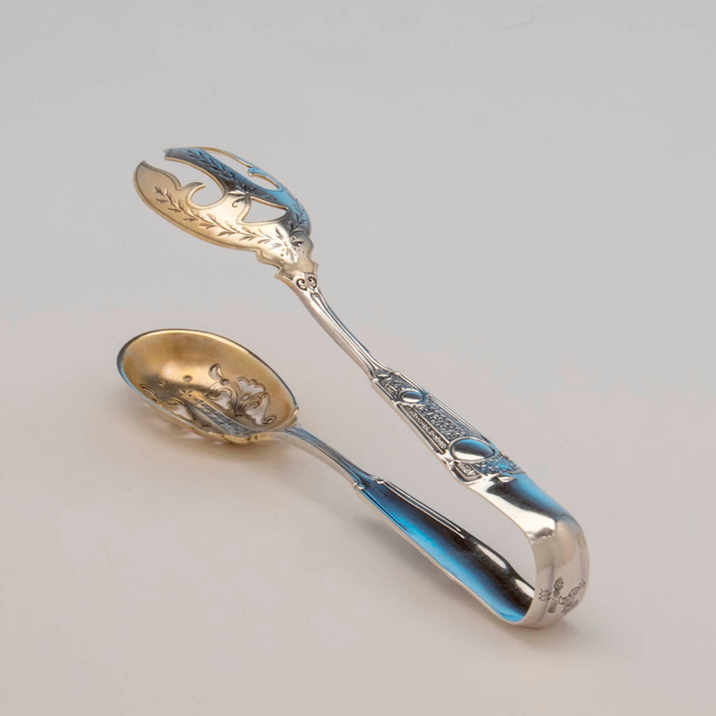 John Wendt 'Ribbon' Pattern Antique Sterling Silver Ice Tongs, NYC, c. 1875