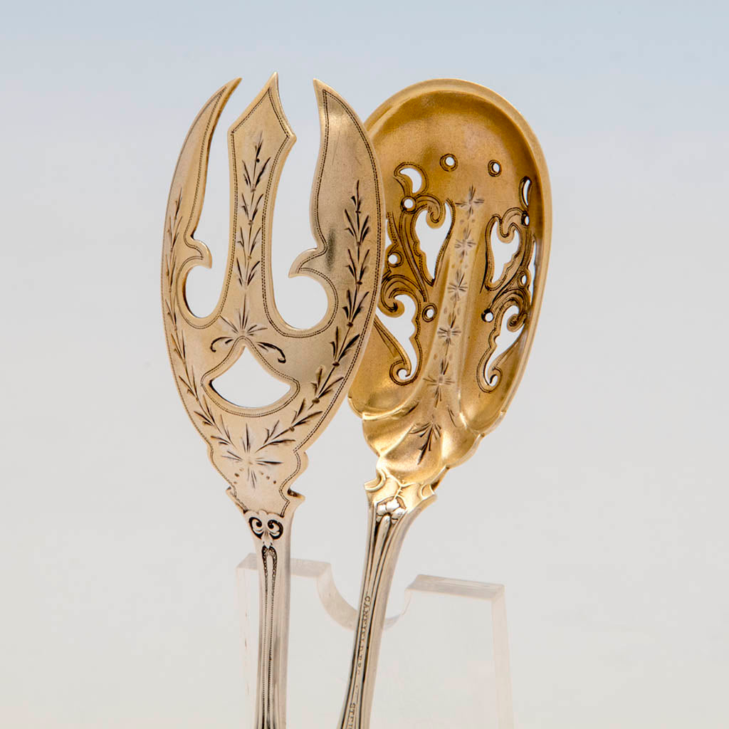 Bowls to John Wendt &#39;Ribbon&#39; Pattern Antique Sterling Silver Ice Tongs, NYC, c. 1875