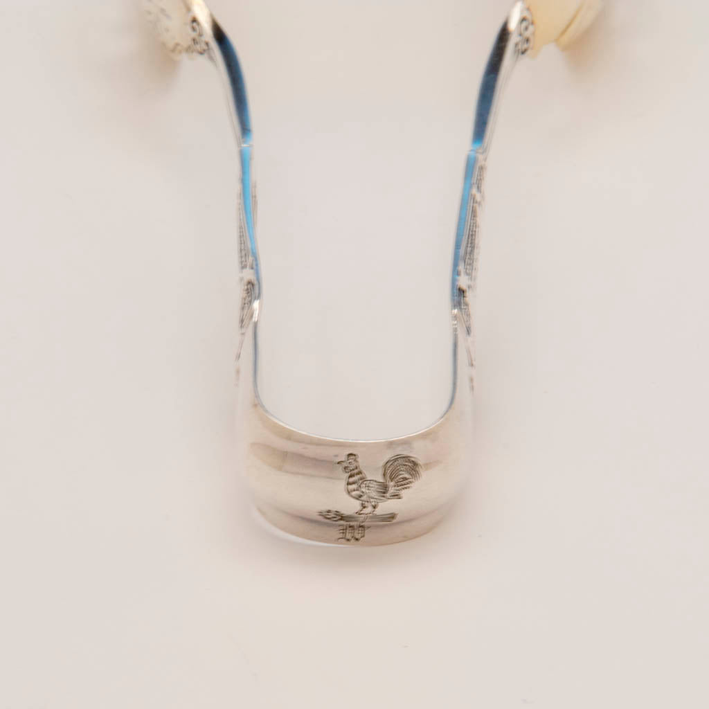 Creast on John Wendt &#39;Ribbon&#39; Pattern Antique Sterling Silver Ice Tongs, NYC, c. 1875