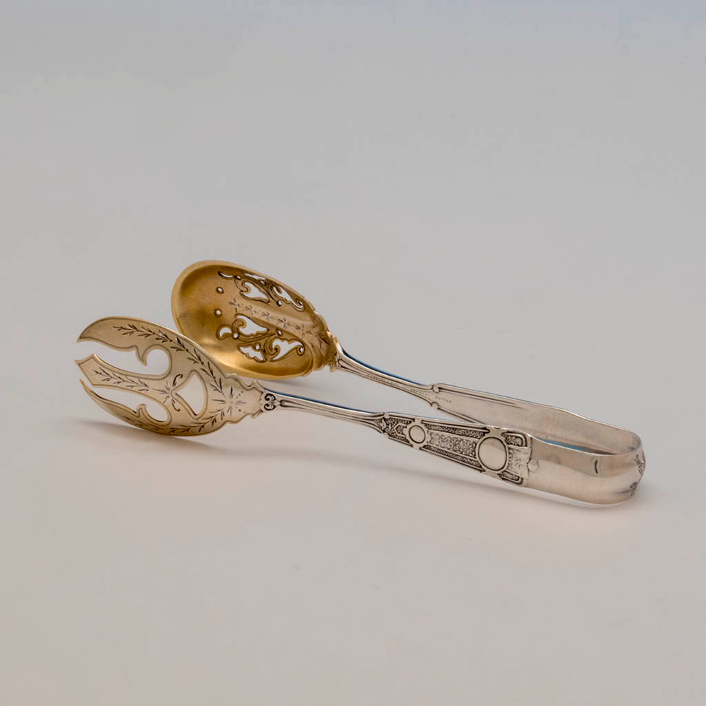 Side of John Wendt &#39;Ribbon&#39; Pattern Antique Sterling Silver Ice Tongs, NYC, c. 1875
