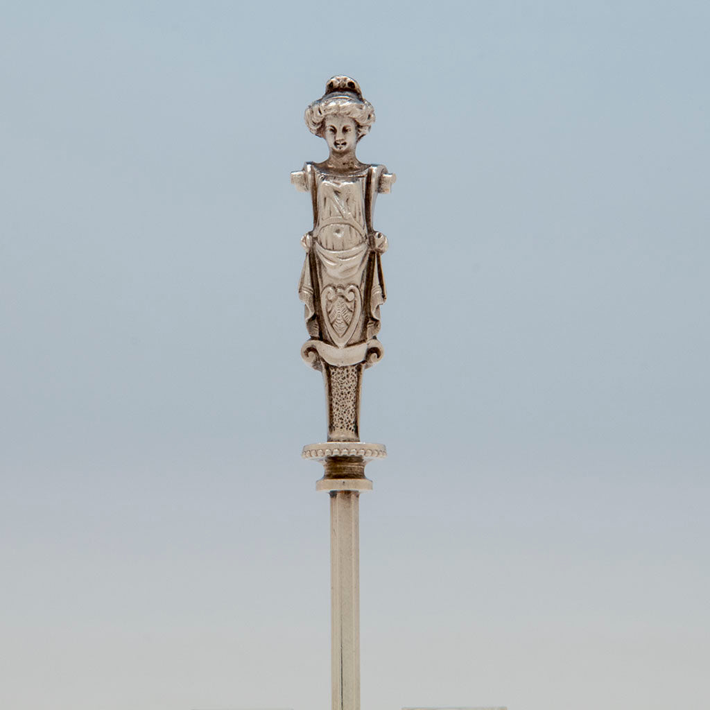 Bust handle on the Wood &amp; Hughes Antique Sterling Silver Bust Pattern Sauce Ladle, NYC, c. 1870