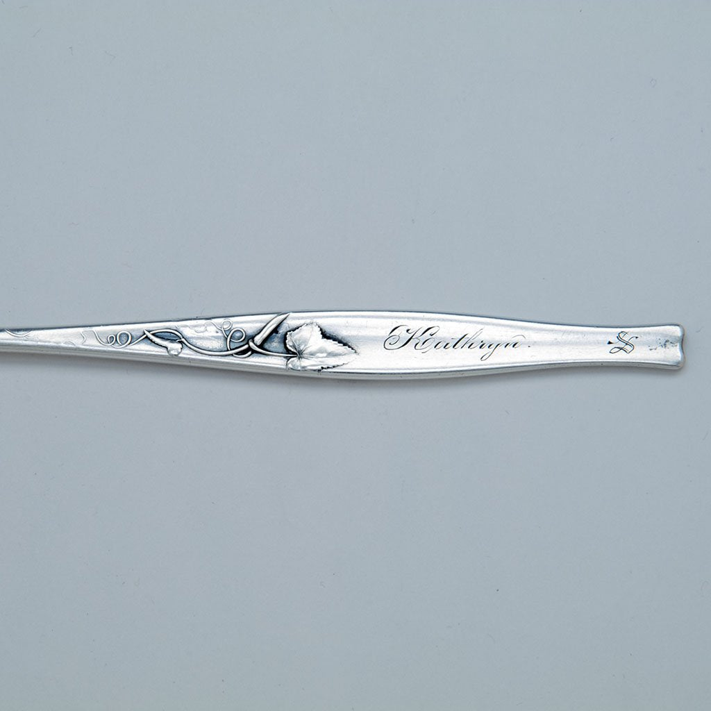 Engraving on Whiting Aesthetic Movement Antique Sterling Silver Pickle Fork, NYC, c. 1885