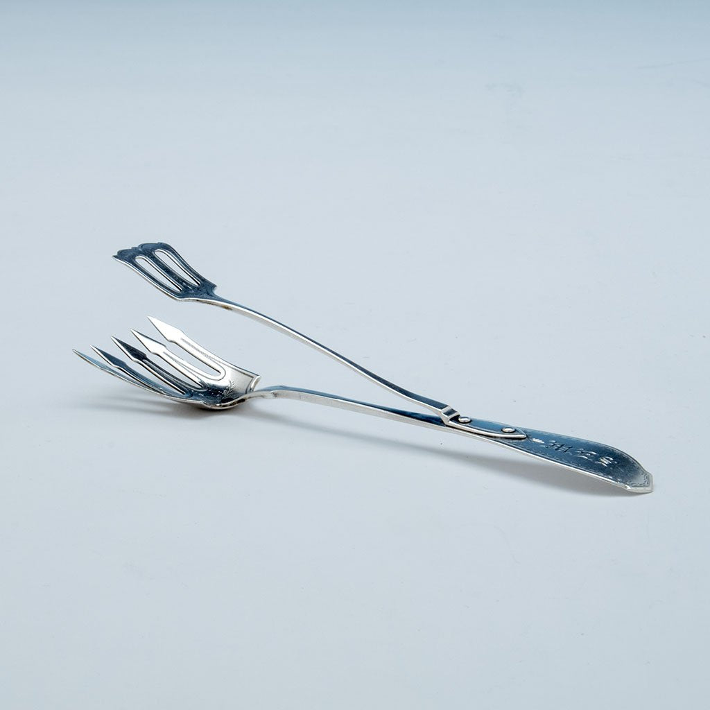 Lowell & Senter Retailed Coin SIlver Sardine Tongs, Lowell, MA c 1860