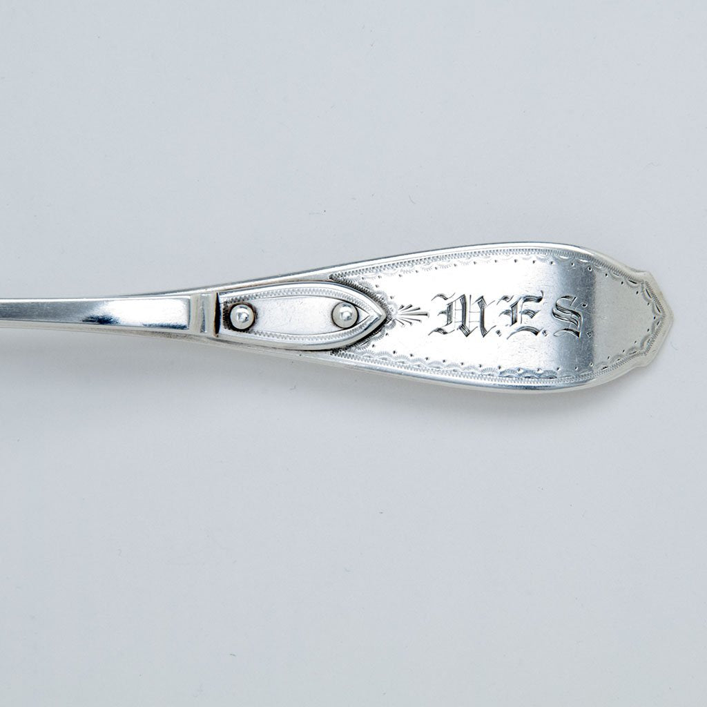 Monogram on Lowell &amp; Senter Retailed Coin SIlver Sardine Tongs, Lowell, MA c 1860