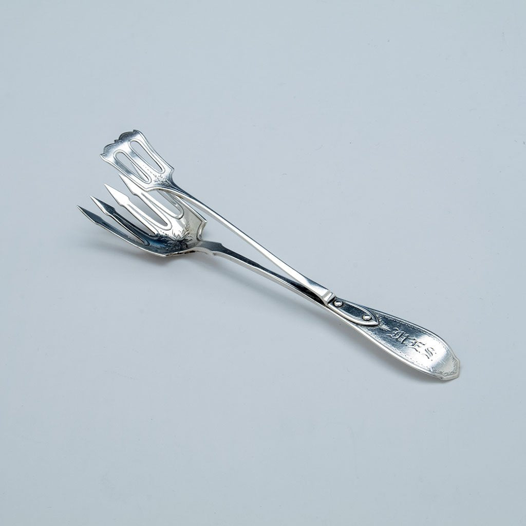 Top of Lowell &amp; Senter Retailed Coin SIlver Sardine Tongs, Lowell, MA c 1860