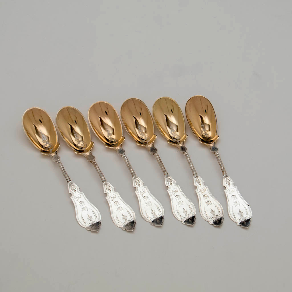 Duhme & Co Antique Coin Silver Dessert Spoons, Cincinnati, OH, c. 1860's - set of 6