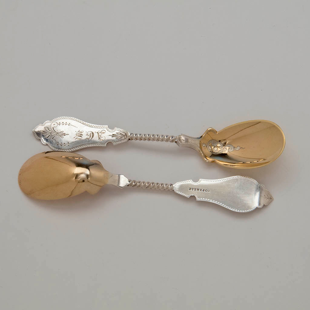 Detail of Duhme &amp; Co Antique Coin Silver Dessert Spoons, Cincinnati, OH, c. 1860&#39;s - set of 6