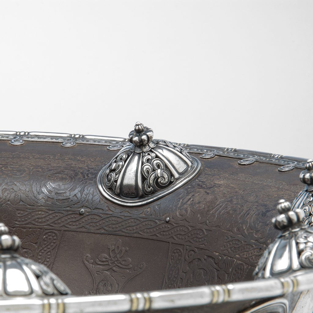 Boss side detail on Tiffany &amp; Co. Columbian Exposition: &quot;Viking Punch-Bowl,&quot; Antique Iron, Silver and Gold, designed by Paulding Farnham, NYC, 1893